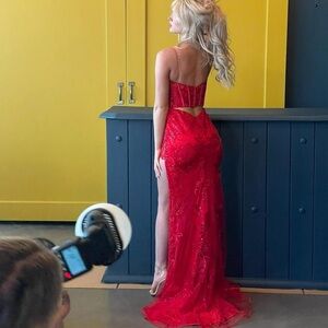 Sherri Hill Red Two-Piece Beaded Prom Gown